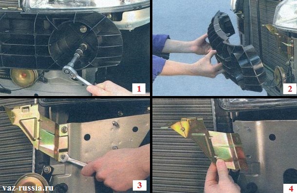 При помощи воротка или удлинителя с накидной головкой, отворачивание болтов крепления балки и её снятие, а так же выворачивание отвёрткой болтов крепления кронштейнов и так же их снятие