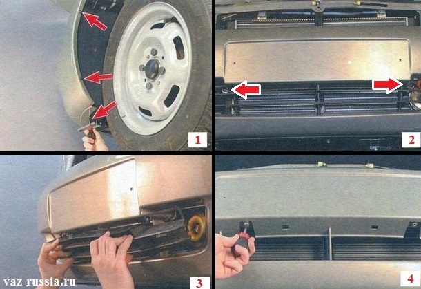 Выворачивание винтов крепления подкрылок к бамперу и отворачивание винтов крепления нижней накладки и её снятие