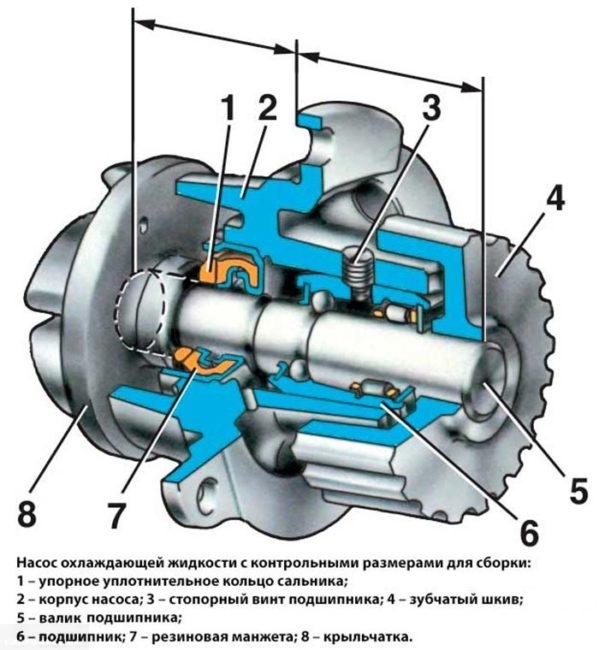 Схема устройства помпы, используемой для перекачивания тосола в двигателе ВАЗ-2110